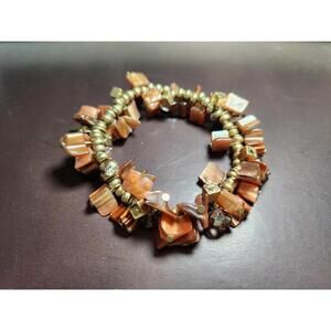 Vintage Costume Jewelry Stretch Bracelet Amber Brown Orange Shells Gold Beads